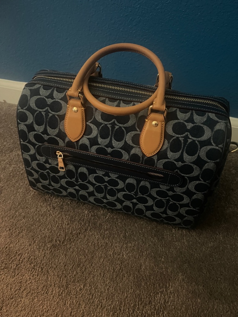 Coach Rowan Navy Signature Denim Satchel with Tan Trim and Cherry Charm - Picture 2 of 4